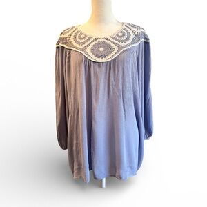 Large Cato light blue white crochet balloon sleeve tunic top grandma